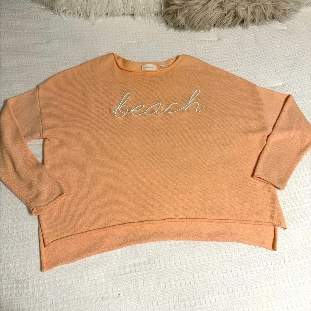Mia & Tess Peach Sweater with 'Beach' Embroidery Size M